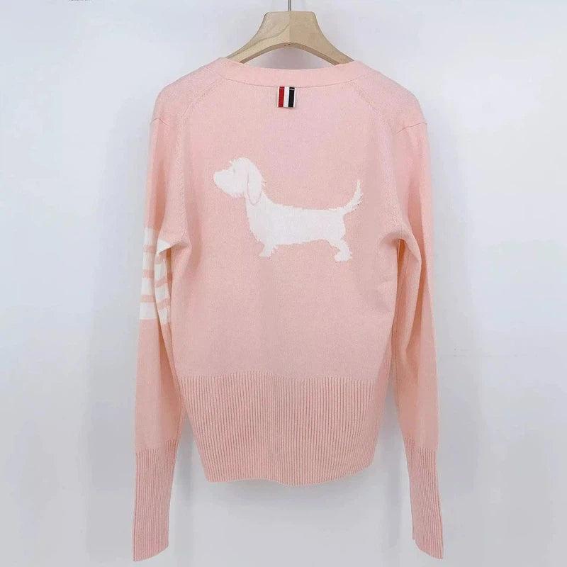 Dog Motif Crew Neck Sweaters-Pink-3