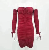 Bandage Dress Women Off Shoulder Long Sleeve Slim-Red-16