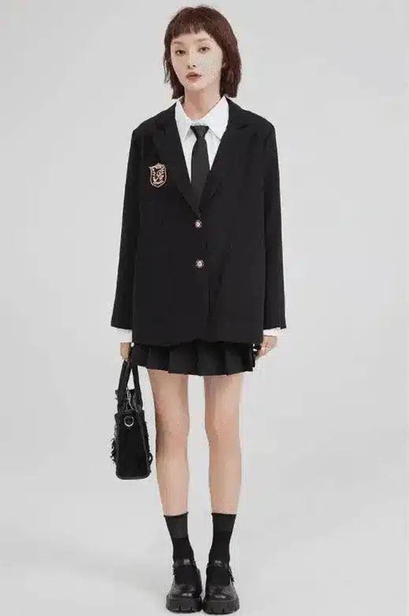 Women's Formal Blazer with Emblem Patch-Black-1