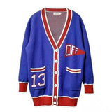 LOVEMI - Lovemi - Blue and Red Color-block Knit Mid-length Cardigan