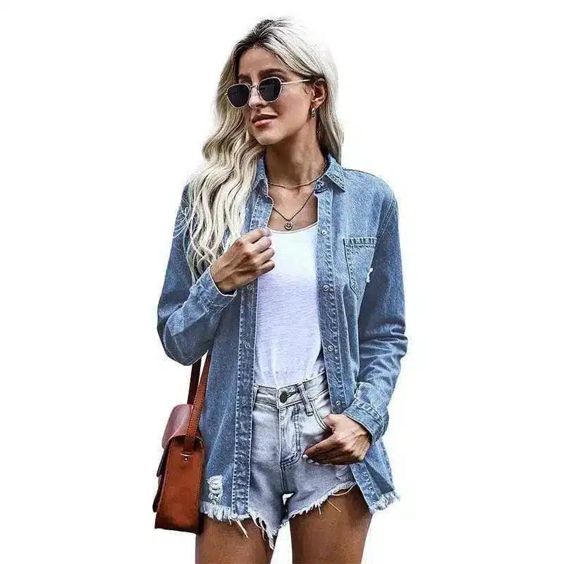 LOVEMI - Lovemi - Classic Light Wash Denim Jacket with Frayed Hem