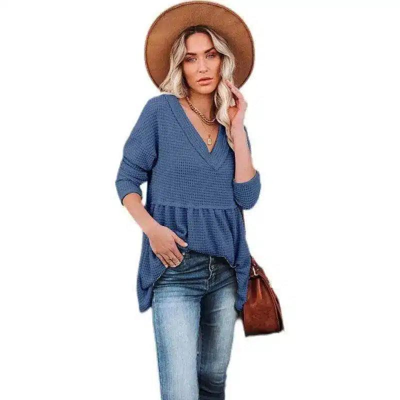 Women's V-Neck Knit Sweater Top-Blue-5