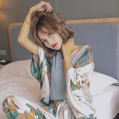 Floral Print Women's Kimono Robe Set-I-9