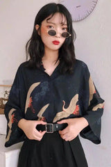 Wide-Sleeve Bird Print Women's Blouse-1