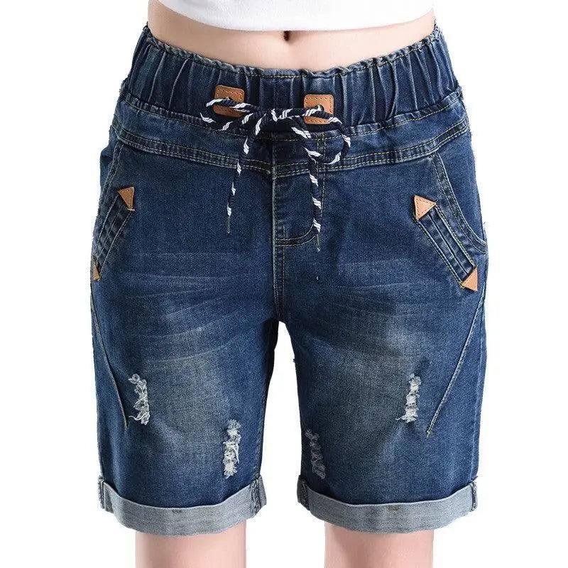 Elastic Women's hole casual shorts-Darkblue-25