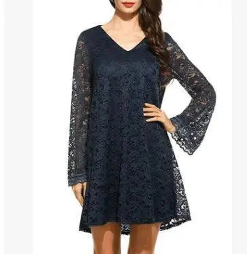 Elegant lace dress summer V-neck large size dress-darkblue-19