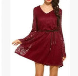 Elegant lace dress summer V-neck large size dress-Claret-30