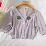 Floral Embroidered V-Neck Cardigan-Purple-1