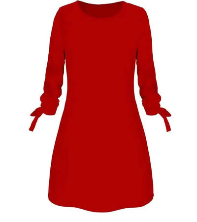 European and American solid color dress casual O-neck dress-Red-15