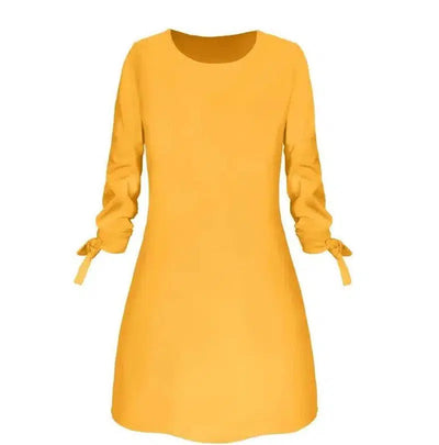 European and American solid color dress casual O-neck dress-Yellow-18