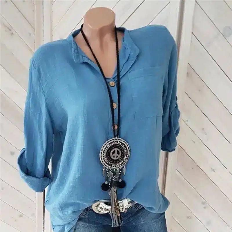 Women's Casual Button-Down Linen Shirt-Blue-6