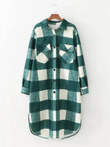 Plaid Long-Sleeve Shirt Dress with Pockets-Green-1