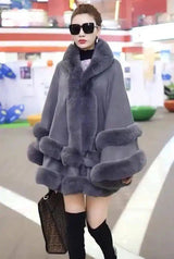 LOVEMI - Lovemi - Faux Fox Fur Collar Fur Hooded Knit Cardigan Cape