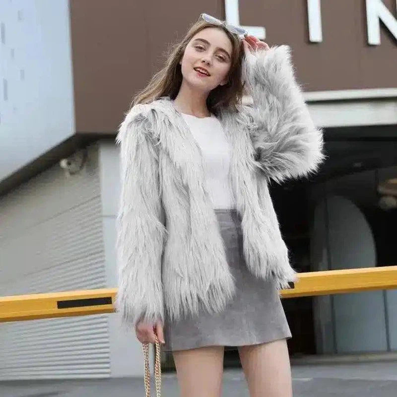 LOVEMI - Lovemi - Faux Fur Washed Wool Long Hair Coat Women's Short