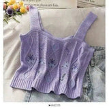 Knit Floral Crop Top Sleeveless Casual Wear-Purple-3