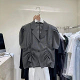 Women's Short Sleeve Blazer Top with Cinched Waist-Grey-2