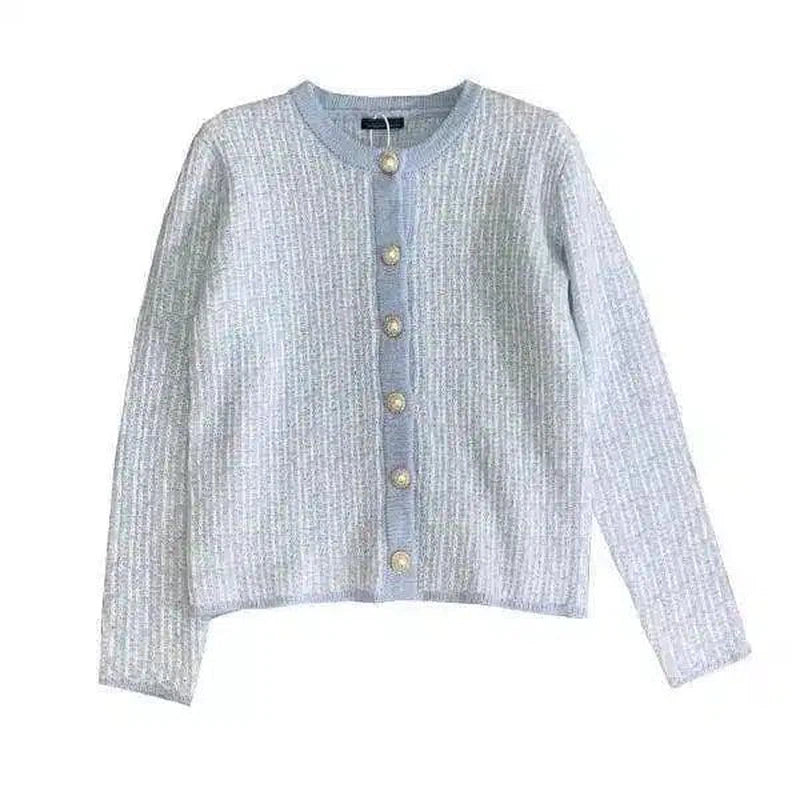 Warm Knit Cardigan with Button Front-Blue-2