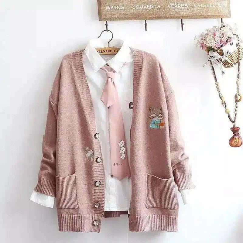 LOVEMI - Lovemi - Girly heart pocket fox embroidery knitted cardigan