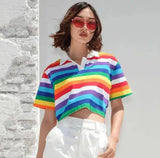 LOVEMI - Lovemi - Half-high collar lapel rainbow navel short-sleeved