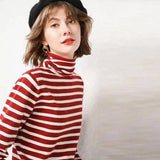 Warm Striped Turtleneck Sweater-Red white-3