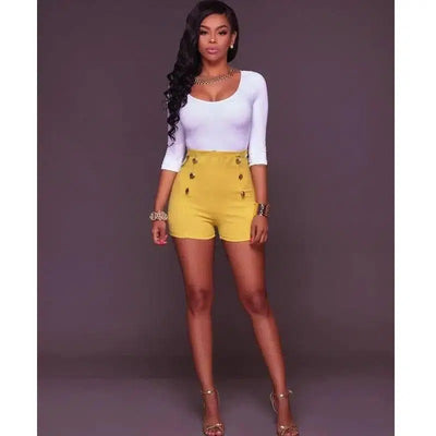 High Waist Button Decoration Shorts-Yellow-18