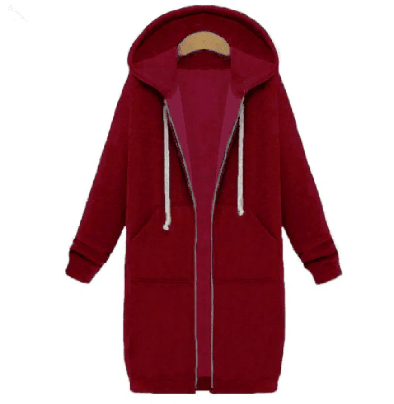 Hooded long-sleeved winter sweater women's jacket in a long-Red-8