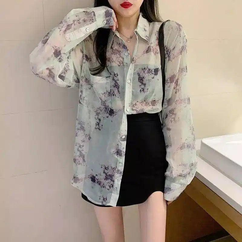 LOVEMI - Lovemi - Ink Smudge Design Print Shirt Loose And Thin