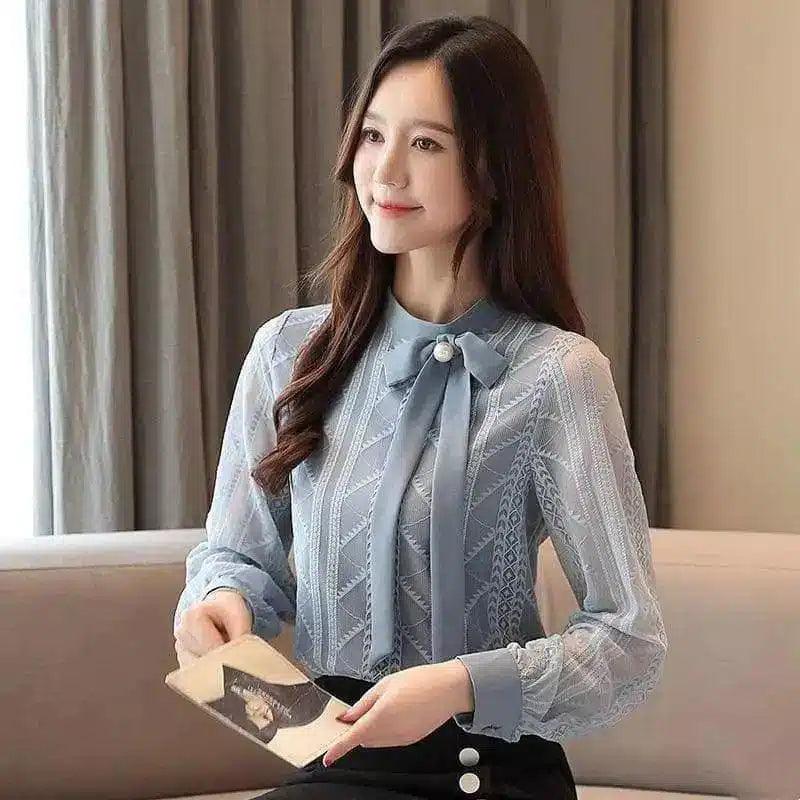 Lace Blouse with Bow Tie Neckline-Blue Grey-1