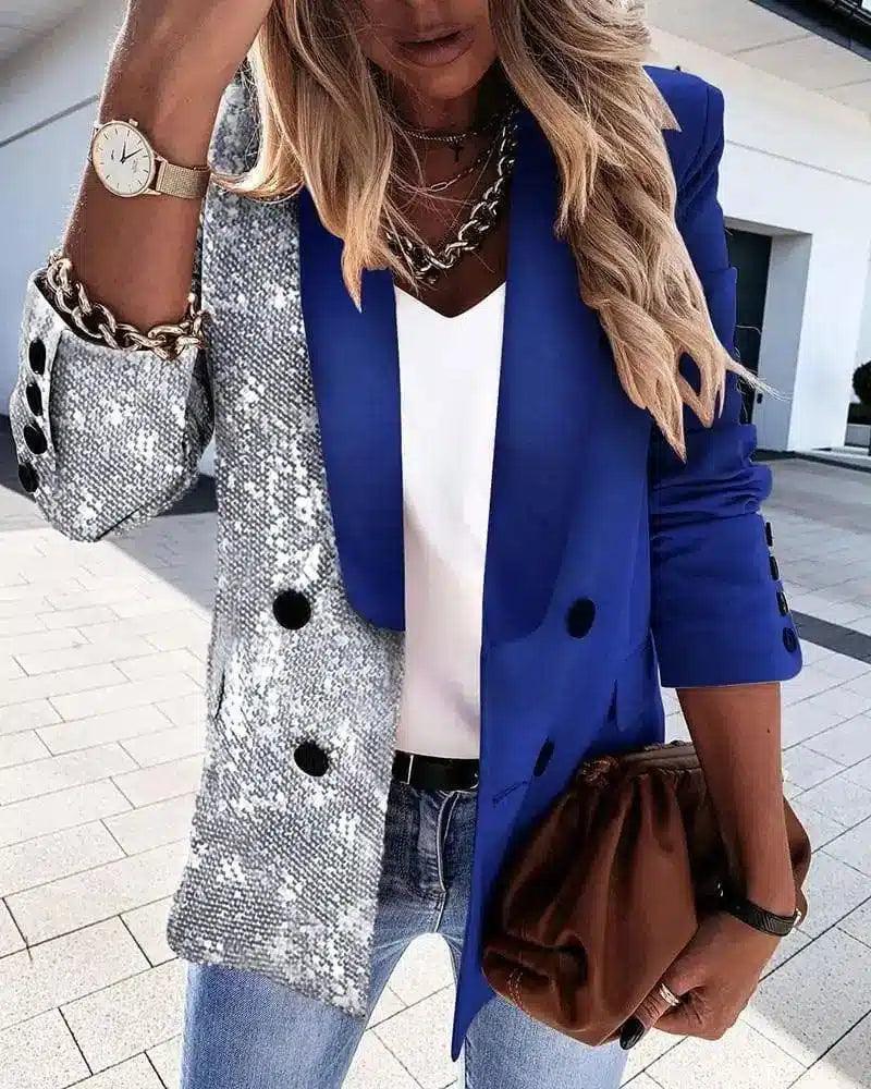 Women's Sequin & Plaid Blazers - Fashion Jackets-Blue-6