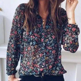 Floral Print Women's Casual Button-Up Shirt-Black-2