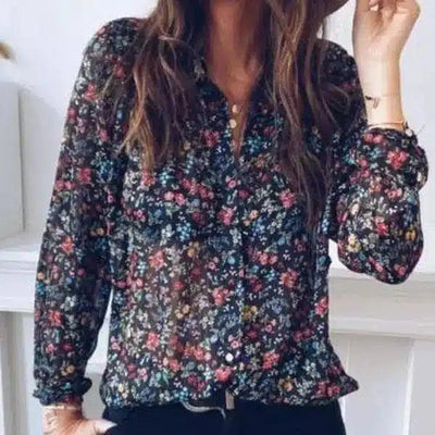 Floral Print Women's Casual Button-Up Shirt-Black-2