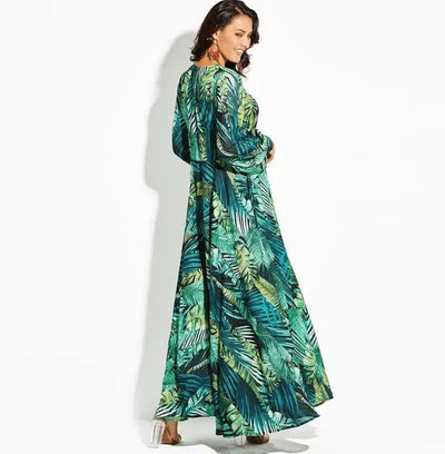 LOVEMI - Lovemi - Lantern Sleeve V-neck Green Leaf Print Sk