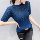 LOVEMI - Lovemi - Letter Hot Rhinestone Short-sleeved Thin Knit