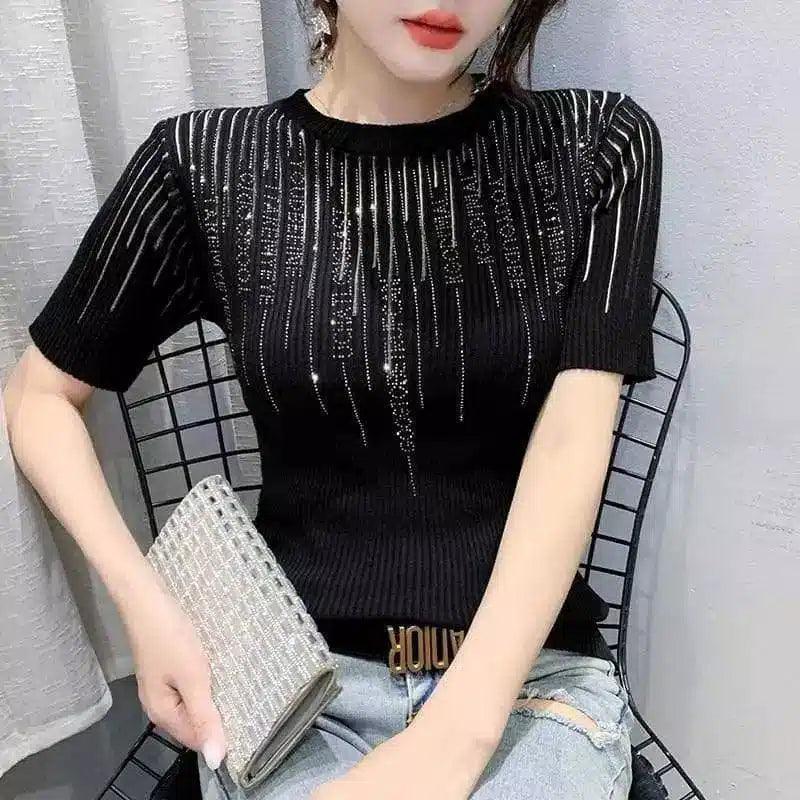 LOVEMI - Lovemi - Letter Hot Rhinestone Short-sleeved Thin Knit