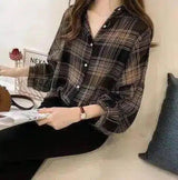 Women's Plaid Button-Down Casual Shirt-Black-2