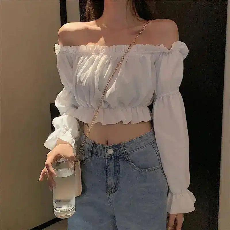 Off-Shoulder Crop Top with Long Sleeves-White-2