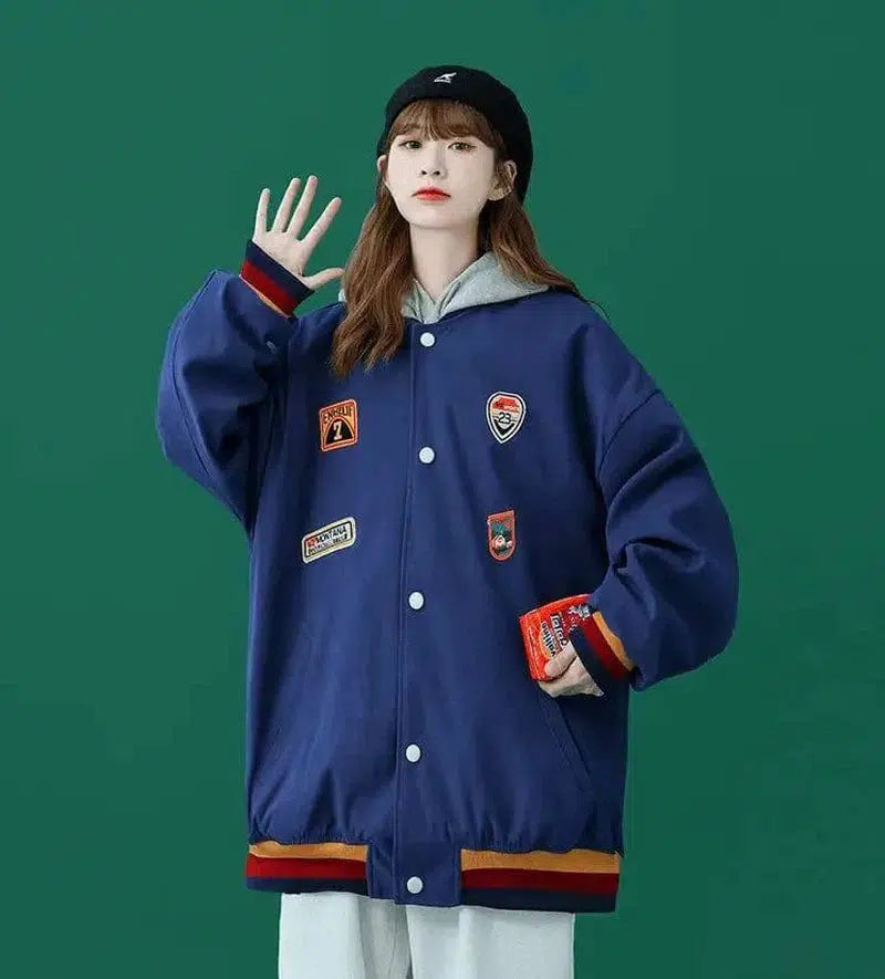 Retro Hong Kong Style Baseball Uniform Women Loose Bf Style-Blue-4