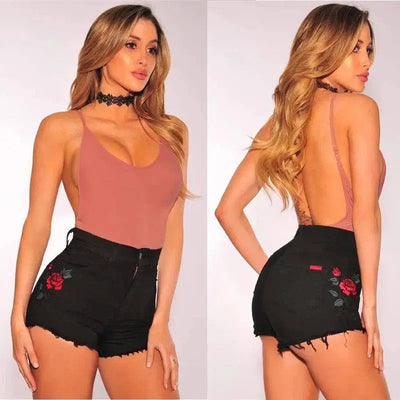 Rose Embroidered Denim Shorts-Black-7