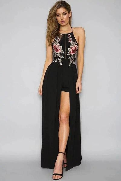 halter backless hand-embroidered split dress-black-8