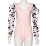 V-neck floral splicing bottoming shirt-Pink-3