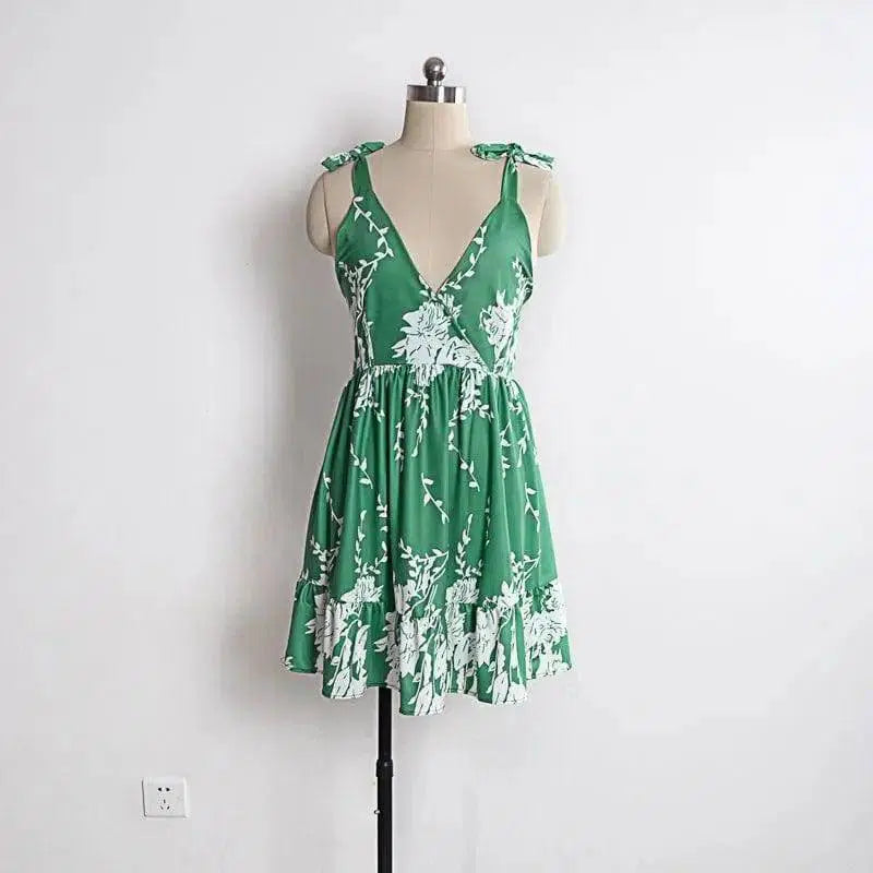 LOVEMI - Lovemi - Sexy V-neck Halter Print Sleeveless Beach Dress