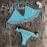 Women's Shell-Embellished Crochet Bikini Set-Sky Blue-6