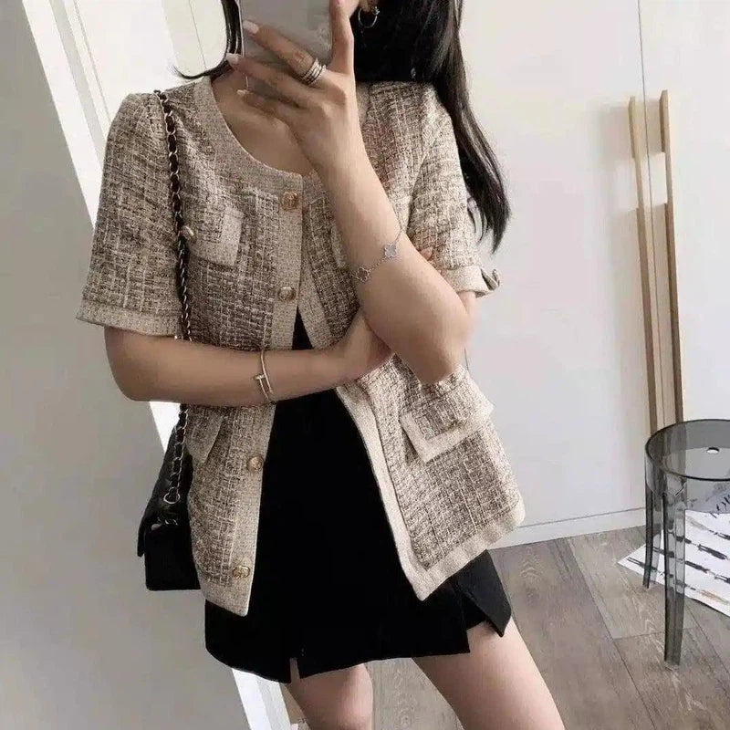 Woman's Tweed Short-Sleeve Jacket-Beige-1