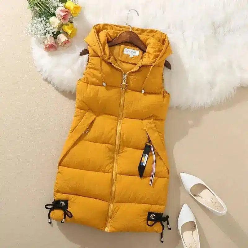 Hooded Sleeveless Puffer Vest for Women-Yellow-2