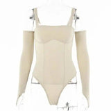 Women's Ribbed Bodysuit with Arm Warmers-Khaki-4