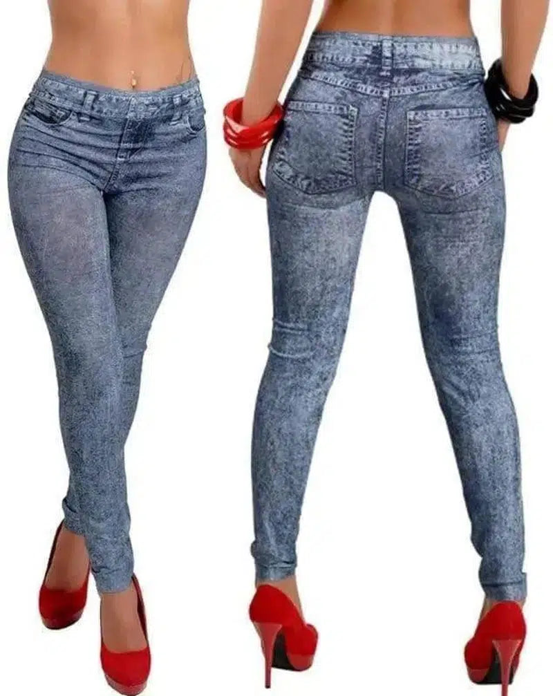 Slim Leggings Snowflake Imitation Denim Pencil Pants-Blue-2