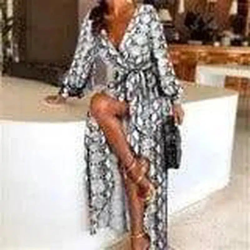 Slit Dress Printed V-neck Pullover Long Skirt-Picture3-34