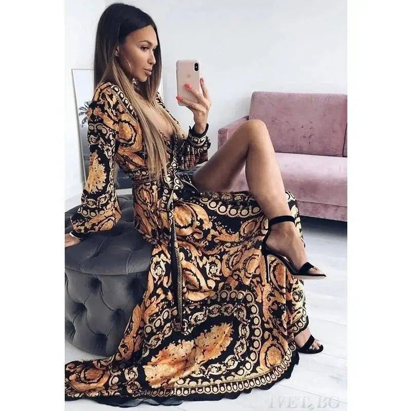 LOVEMI - Lovemi - Slit Dress Printed V-neck Pullover Long Skirt