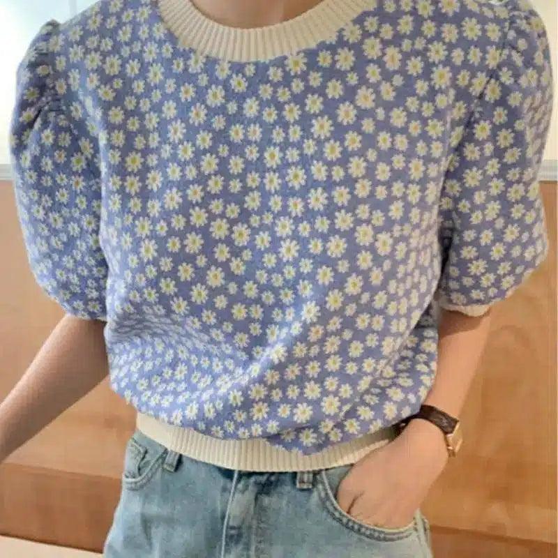 Floral Short-Sleeve Knit Sweater-Light Blue-1