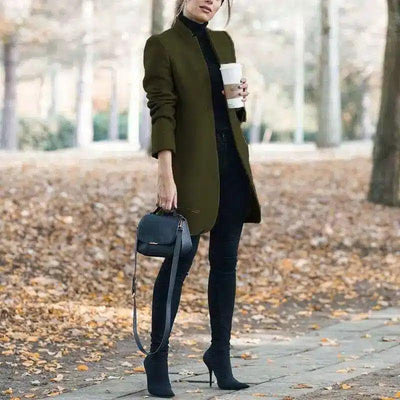 Womens Tailored Long Coat with Turtleneck-ArmyGreen-5